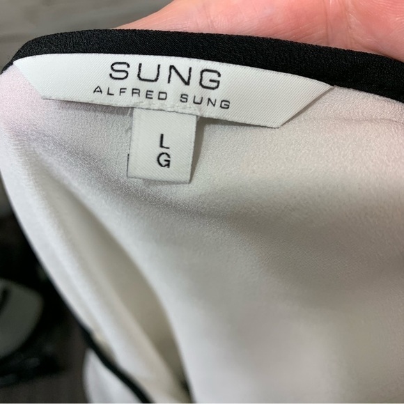 sung Alfred Sung White Black Crepe Blouse Short Sleeves Round Neck Sz L - Picture 9 of 13